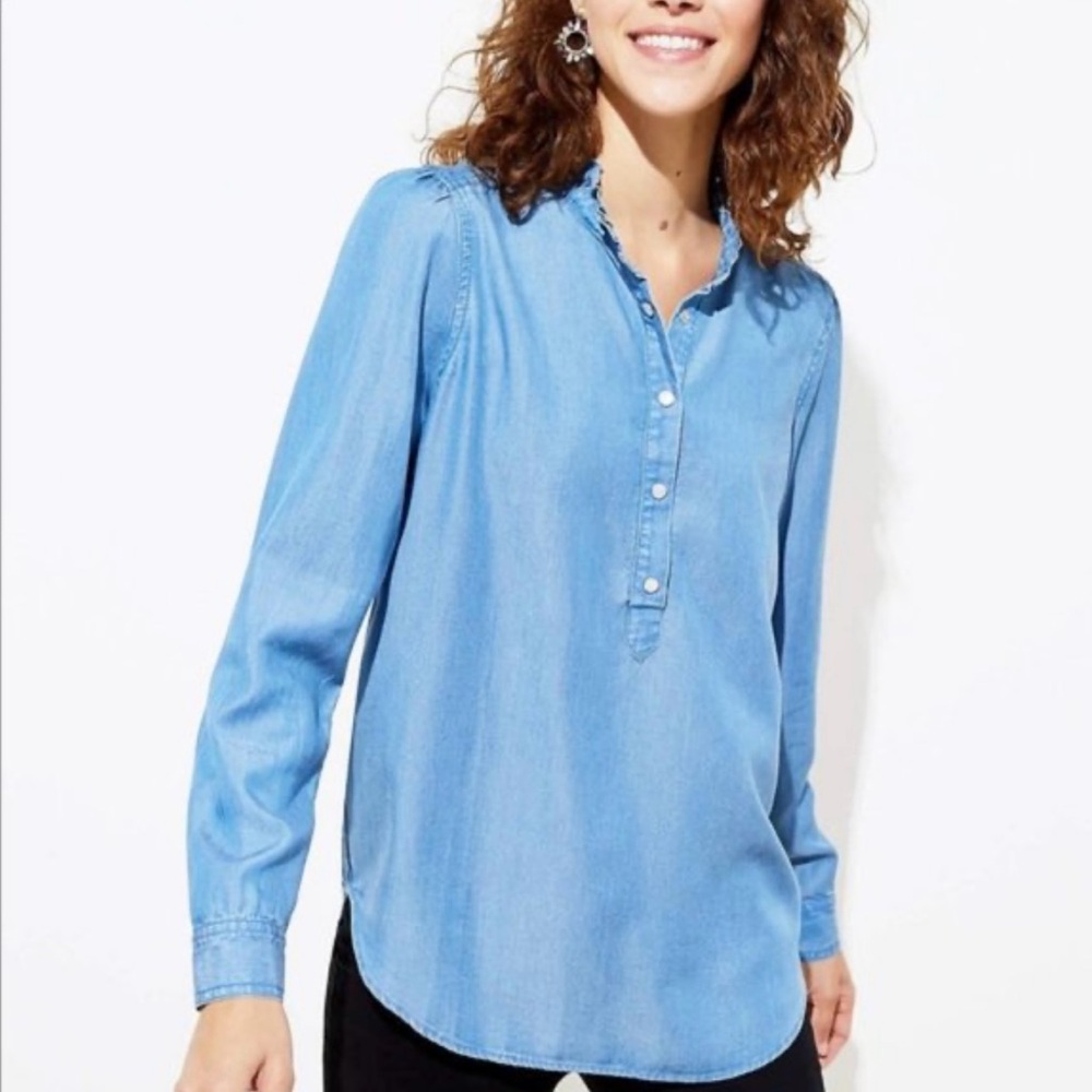 Loft Long Sleeve Quarter Button Chambray Tunic Size Medium